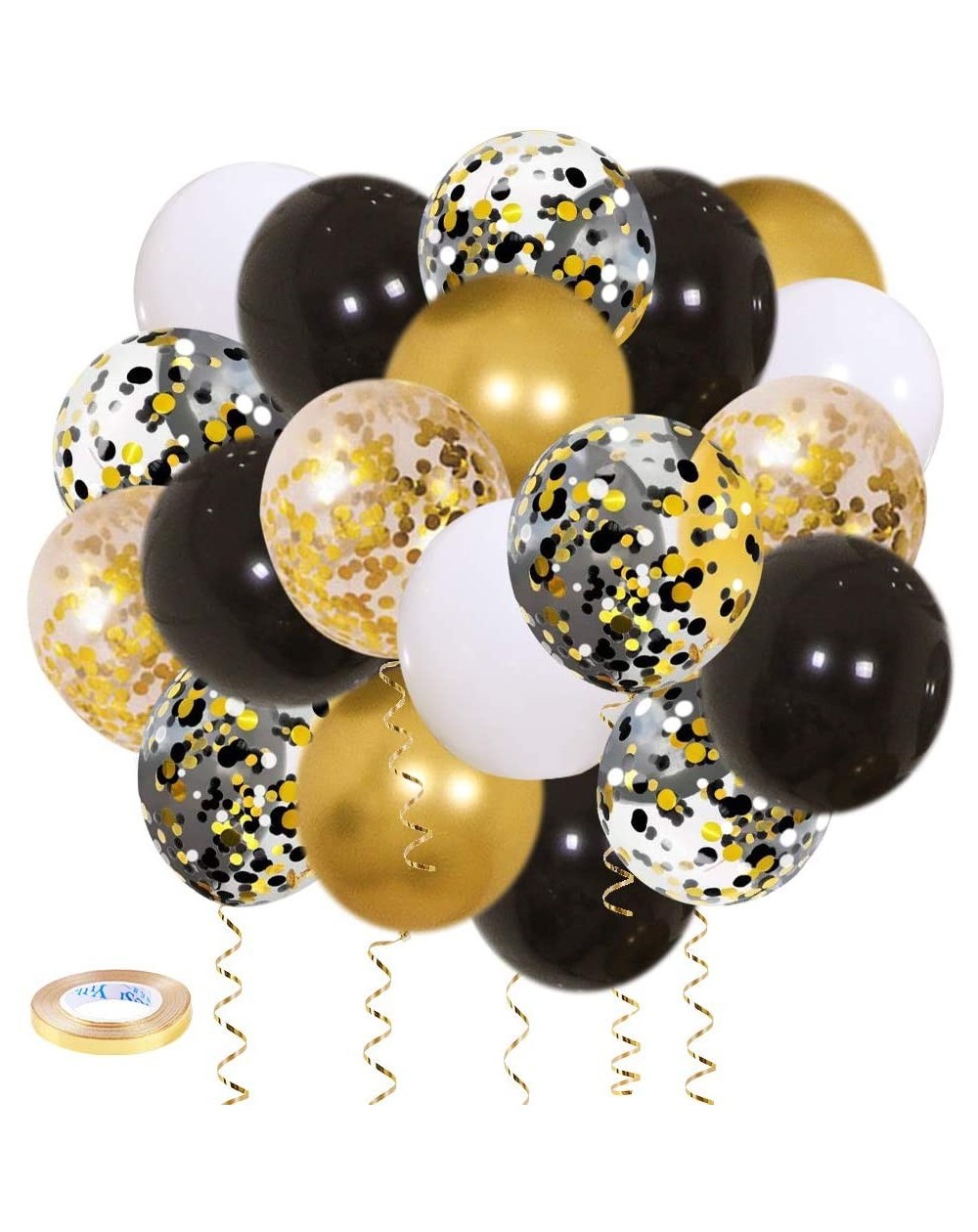 Balloons Black Gold Confetti Balloons 50 Pack - 12 Inch Gold White and Black Confetti Balloons with Ribbons for Graduation Bi...