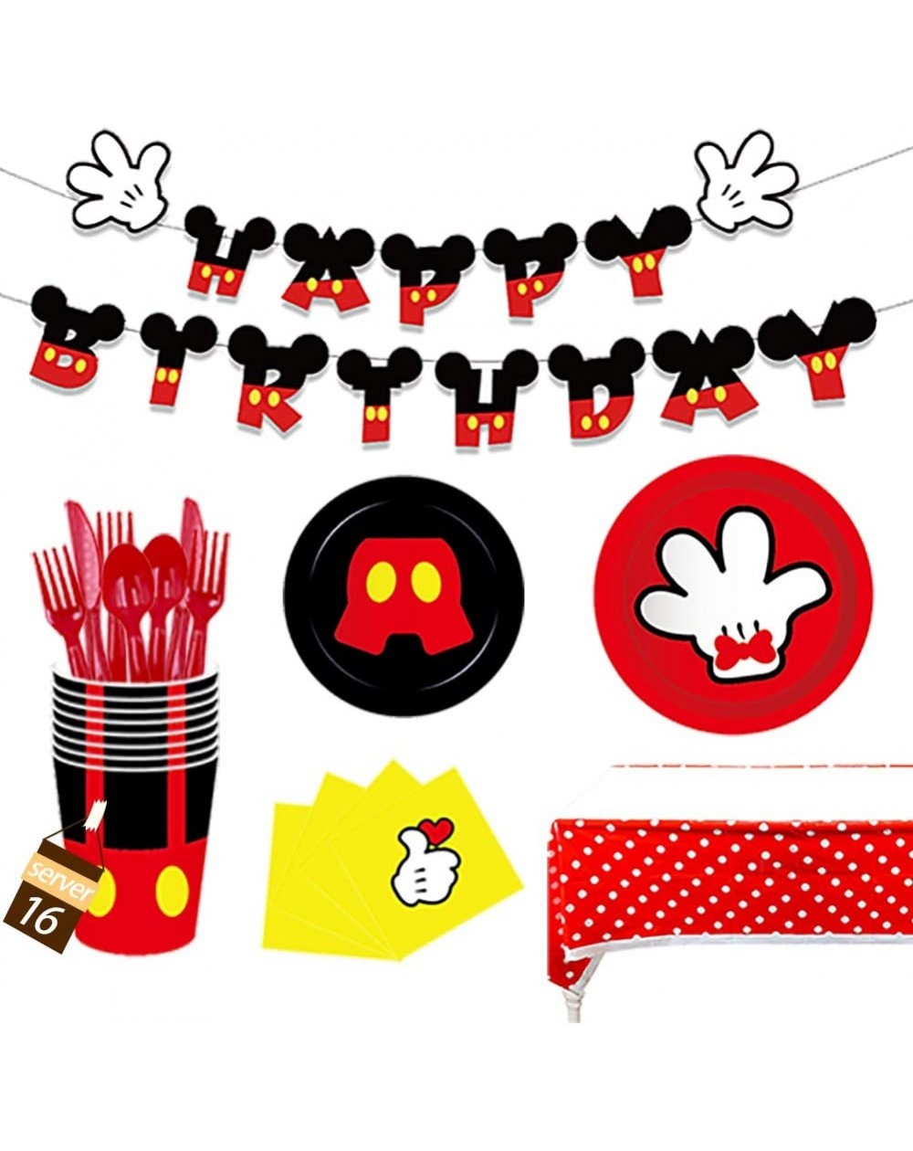 Party Packs Mickey Mouse Birthday Party Supplies Including Plates- Cups- Napkins- Spoons- Forks- Knives- Tablecloth and Banne...