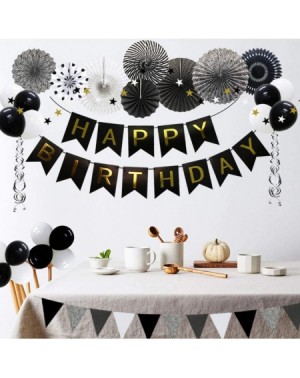 Banners Black Birthday Party Decoration- Happy Birthday Banner with Balloons- Triangular Pennants- Hanging Swirls- Paper Fans...