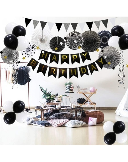 Banners Black Birthday Party Decoration- Happy Birthday Banner with Balloons- Triangular Pennants- Hanging Swirls- Paper Fans...