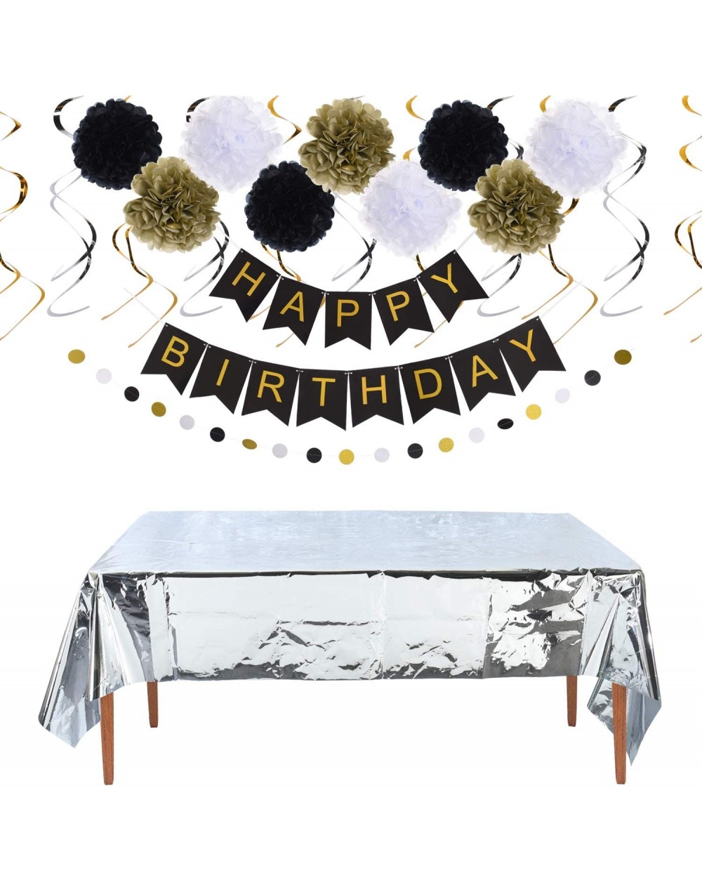 Tablecovers Birthday Party Decorations Set-Sliver Foil Metallic Tinsel Shiny Tablecloth- Happy Birthday Banner Supplies-Paper...