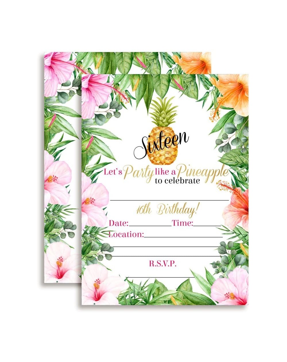 Invitations 16th Birthday Tropical Flowers Pineapple Aloha Luau Party Invitations- 20 5"x7" Fill In Cards with Twenty White E...