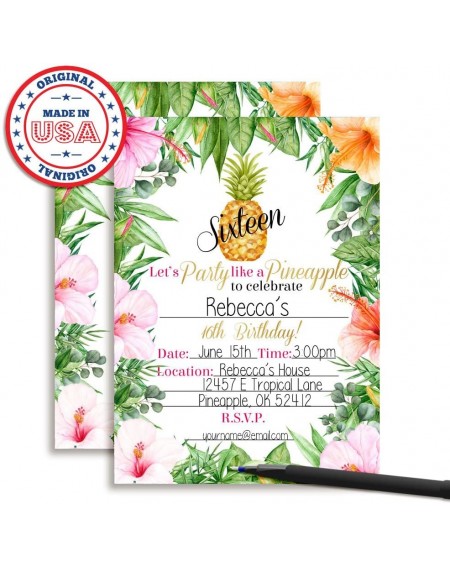 Invitations 16th Birthday Tropical Flowers Pineapple Aloha Luau Party Invitations- 20 5"x7" Fill In Cards with Twenty White E...