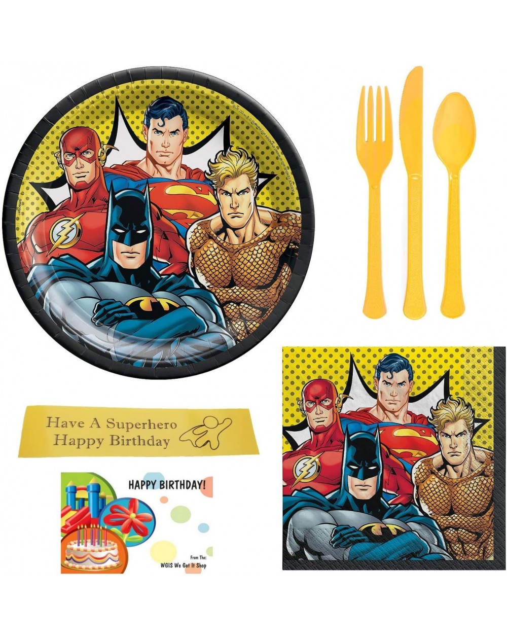 Party Packs Justice League Party Supplies Bundle Includes Super Hero Party Plates and Napkins- Utensils- and Printed Ribbon -...