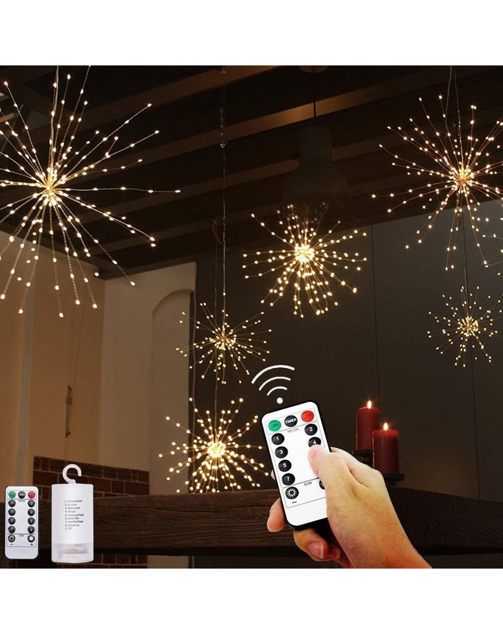 Indoor String Lights 2 Pack Warm White Hanging Firework Lights 150 LED Fairy Lights Twinkle Starburst Lights Waterproof Batte...