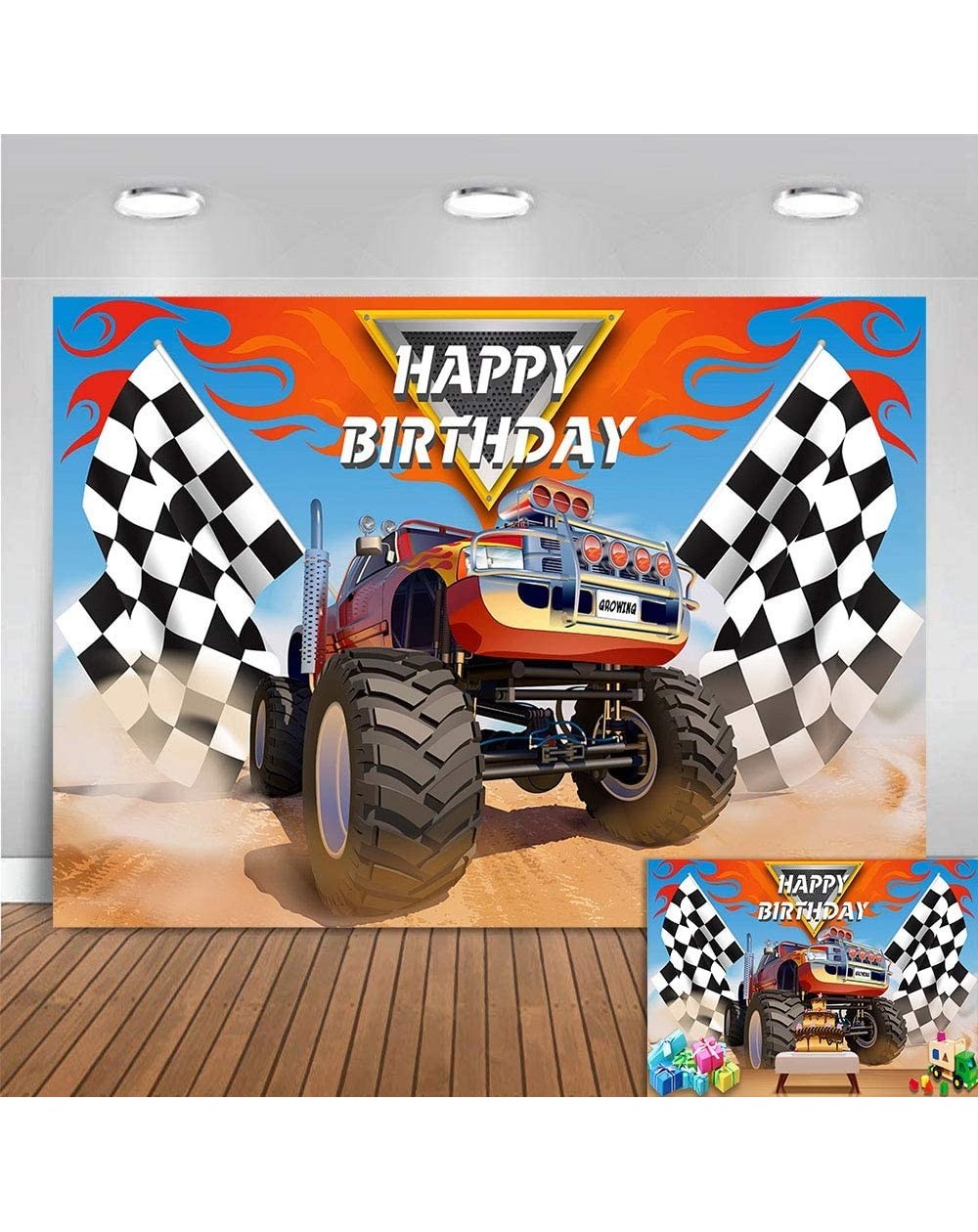 Photobooth Props Monster Truck Backdrop Photography Photo Booth Props Children Happy Birthday Banner Supplies Grave Digger Sp...