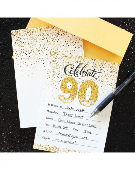 Invitations White and Gold 90th Birthday Party Invitations - 10 Cards with Envelopes - CF18OAYCT3Q $10.32