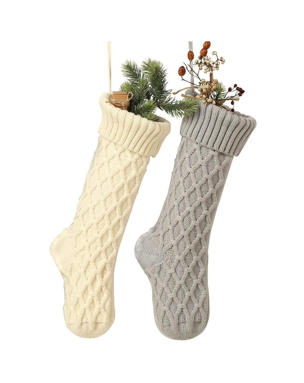 Stockings & Holders Cable Knit Christmas Stockings Kits Solid Color White and Gray Classic Decorations 18 Inches Set of 2 - W...