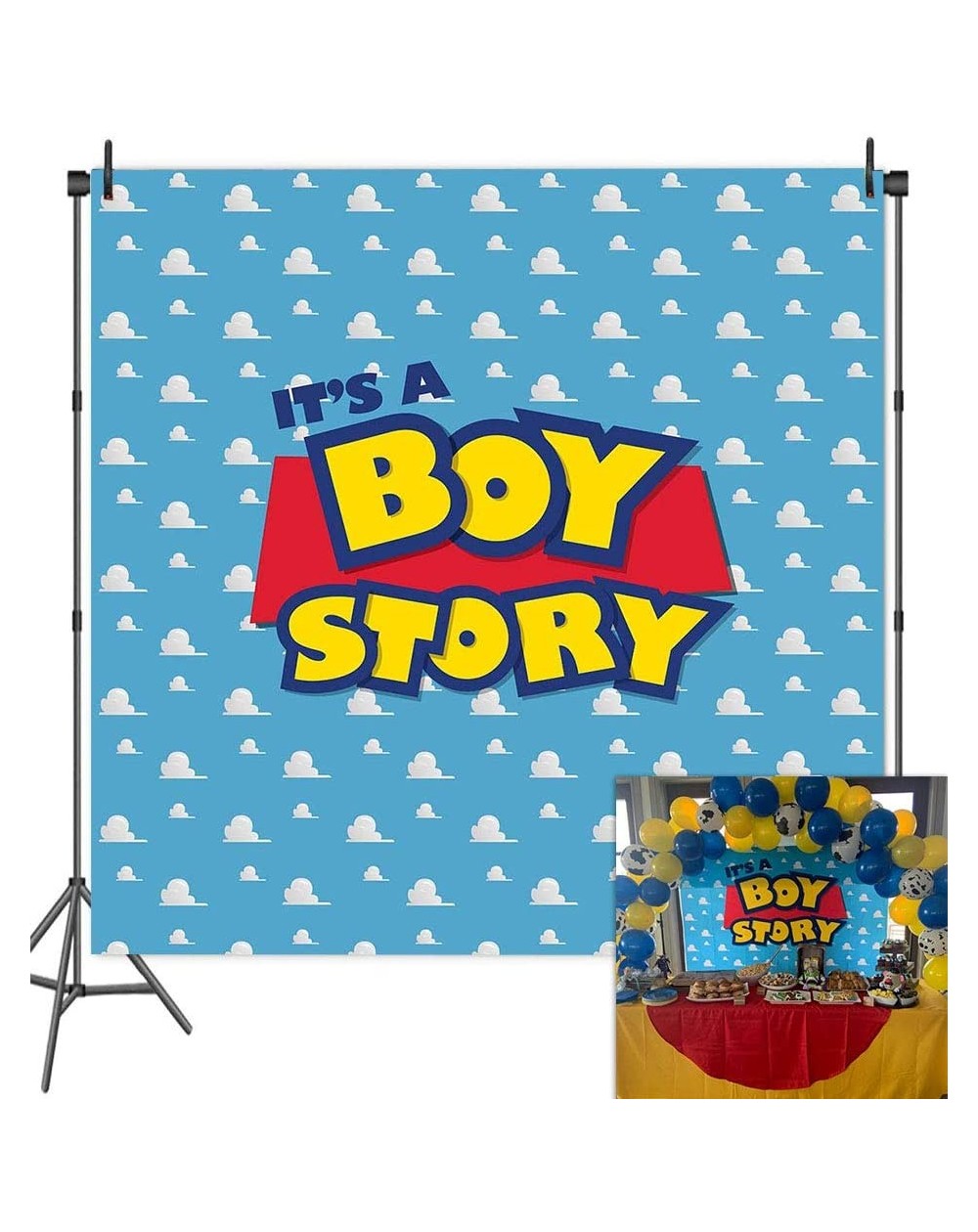 Photobooth Props 6x6FT Cartoon Kids Backdrop It's a boy Story Blue Sky White Clouds Background Birthday Party Boy Baby Shower...