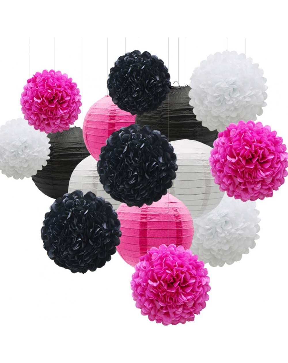 Tissue Pom Poms 15pcs Hanging Party Decorations Set- Hot Pink White Black Paper Flowers Pom Poms Balls and Paper Lanterns for...