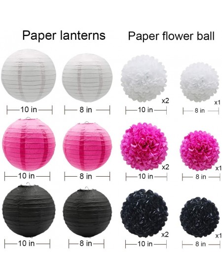 Tissue Pom Poms 15pcs Hanging Party Decorations Set- Hot Pink White Black Paper Flowers Pom Poms Balls and Paper Lanterns for...