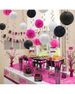 Tissue Pom Poms 15pcs Hanging Party Decorations Set- Hot Pink White Black Paper Flowers Pom Poms Balls and Paper Lanterns for...