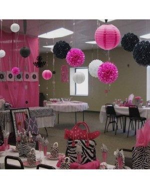 Tissue Pom Poms 15pcs Hanging Party Decorations Set- Hot Pink White Black Paper Flowers Pom Poms Balls and Paper Lanterns for...