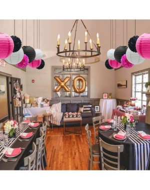 Tissue Pom Poms 15pcs Hanging Party Decorations Set- Hot Pink White Black Paper Flowers Pom Poms Balls and Paper Lanterns for...