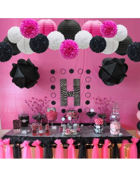 Tissue Pom Poms 15pcs Hanging Party Decorations Set- Hot Pink White Black Paper Flowers Pom Poms Balls and Paper Lanterns for...