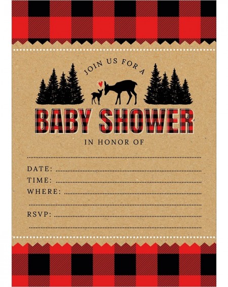 Invitations Lumberjack Buffalo Plaid Woodland Deer Baby Shower Invitations - 24 Count - C718CZYM7E3 $16.07