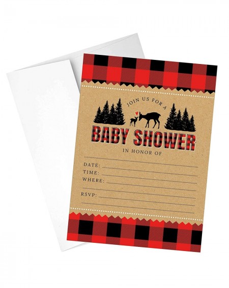 Invitations Lumberjack Buffalo Plaid Woodland Deer Baby Shower Invitations - 24 Count - C718CZYM7E3 $16.07