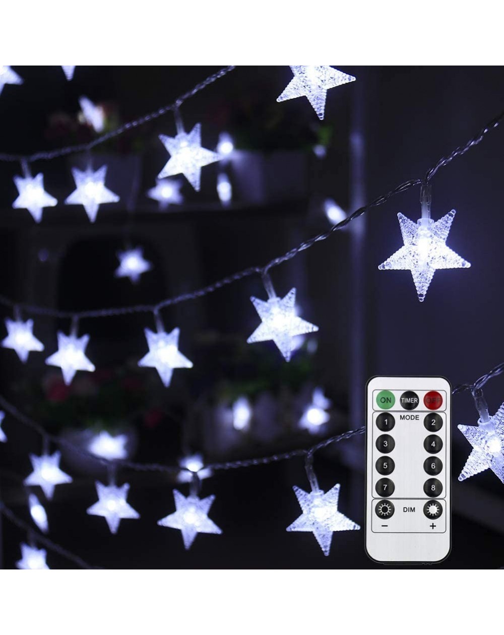 Indoor String Lights White Star String Lights Battery Operated 50 LED 25 ft Waterproof Star Fairy Light String 8 Modes Christ...