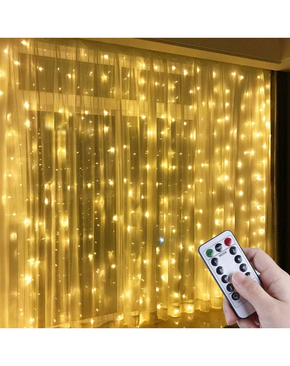 Outdoor String Lights LED Window Curtain String Light- 300 LED Warm White Window Fairy String Lights with 8 Modes- 3m x 3m 8 ...