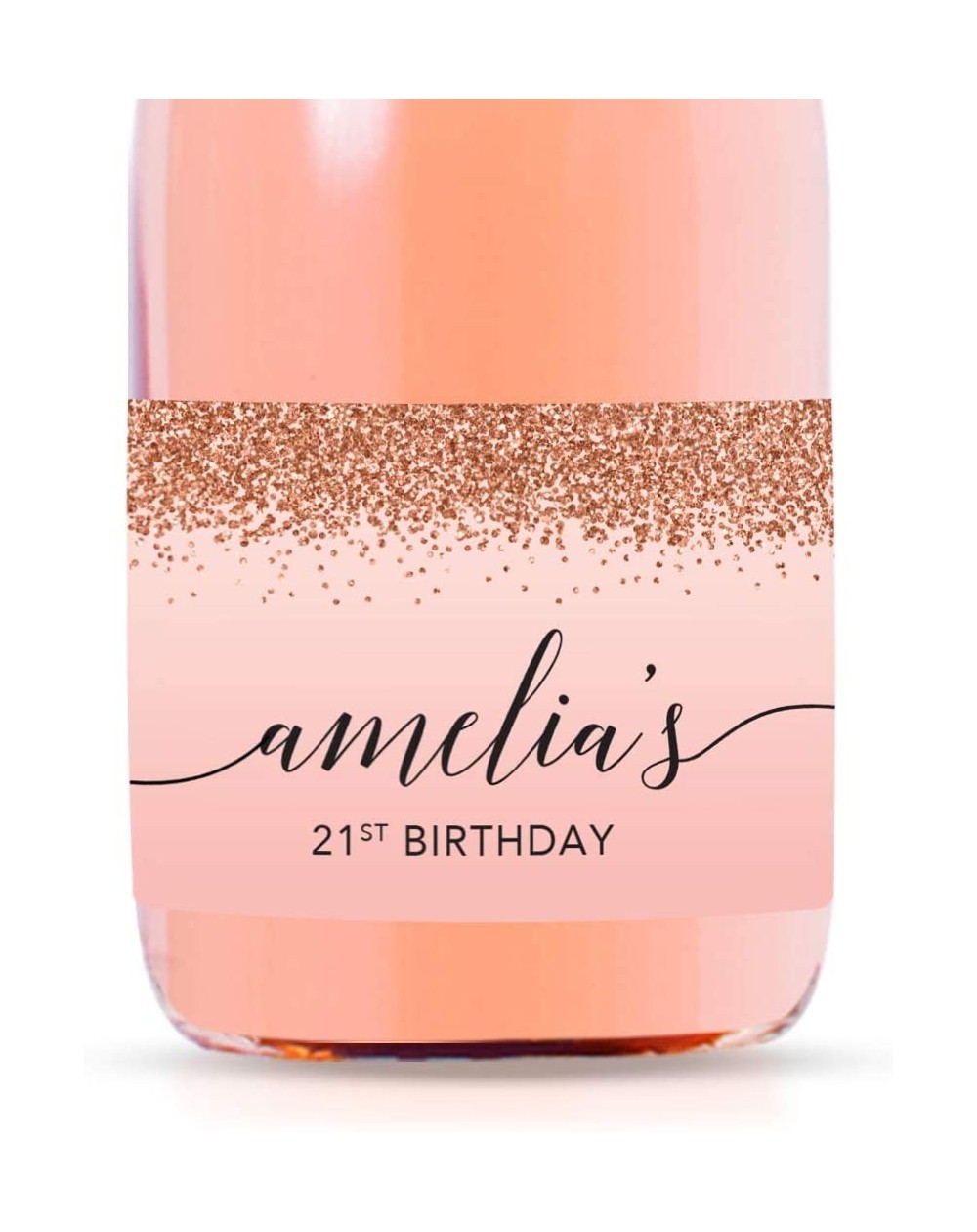 Favors Personalized Mini Champagne Wine Bottle Labels- Amelia's 21st Birthday- Blush Pink Faux Rose Gold Glitter Elegant- 20-...