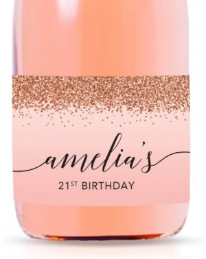 Favors Personalized Mini Champagne Wine Bottle Labels- Amelia's 21st Birthday- Blush Pink Faux Rose Gold Glitter Elegant- 20-...