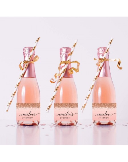 Favors Personalized Mini Champagne Wine Bottle Labels- Amelia's 21st Birthday- Blush Pink Faux Rose Gold Glitter Elegant- 20-...