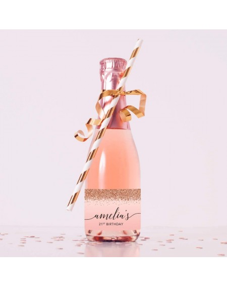 Favors Personalized Mini Champagne Wine Bottle Labels- Amelia's 21st Birthday- Blush Pink Faux Rose Gold Glitter Elegant- 20-...