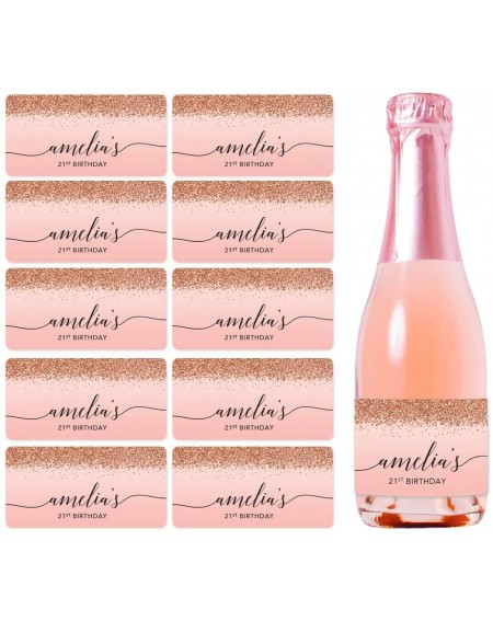 Favors Personalized Mini Champagne Wine Bottle Labels- Amelia's 21st Birthday- Blush Pink Faux Rose Gold Glitter Elegant- 20-...