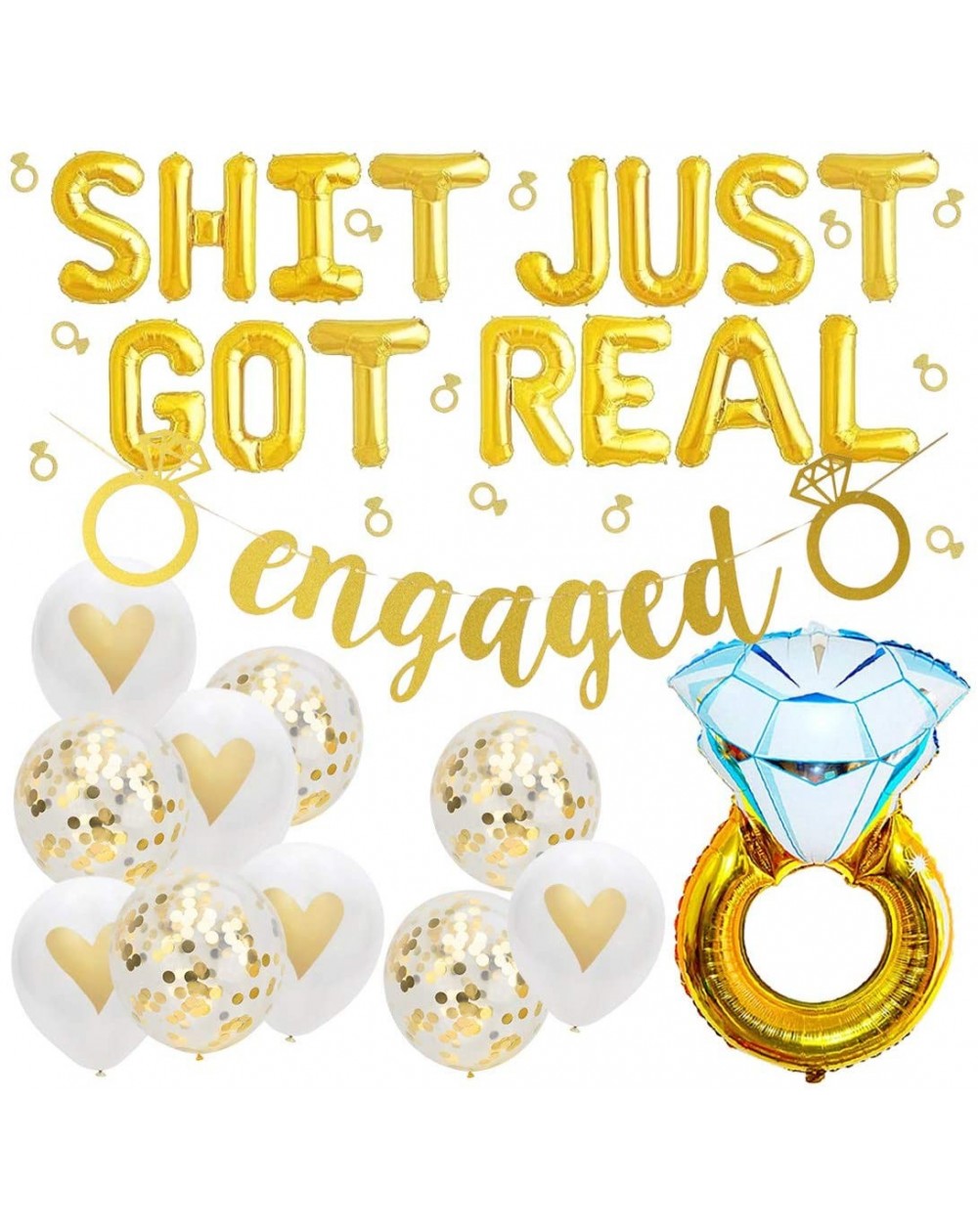 Balloons Shit Just Got Real Engagement Wedding Bachelorette Decorations Gold Engaged Banner Shit Just Got Real Balloons Gold ...