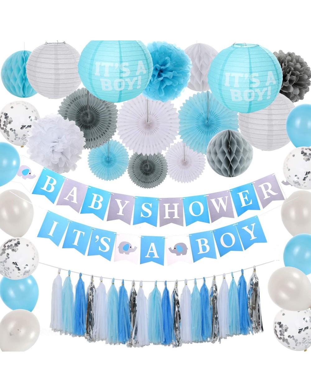 Tissue Pom Poms Baby Shower Decorations For Boy-It's A Boy Banner-Party Supplies Decoration Kit-Blue and Grey-Paper Fans-Late...