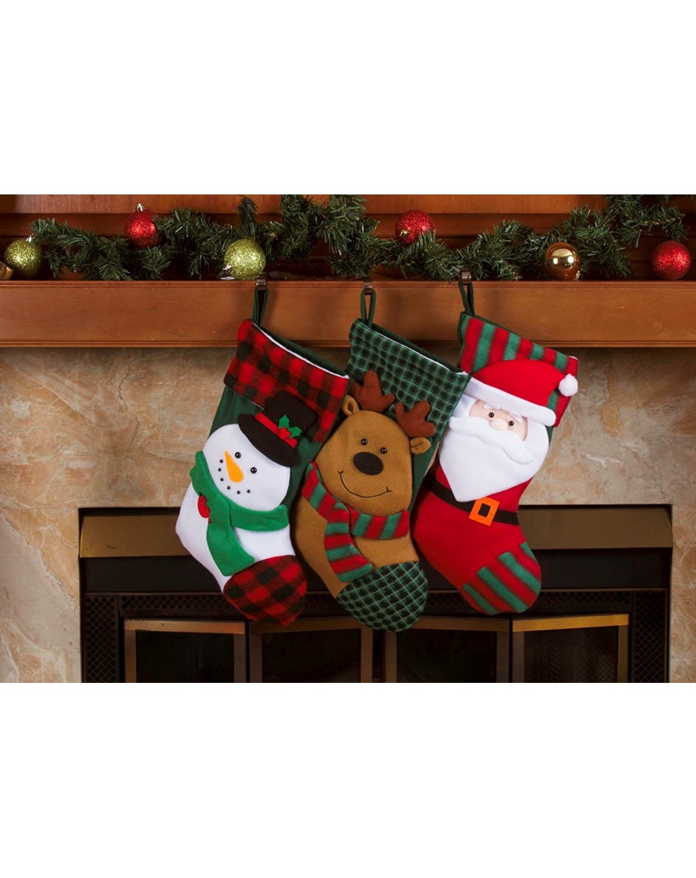 Stockings & Holders 3 Pcs Set - Classic Christmas Stockings 18" Cute Santa's Toys Stockings (Plaid Trim) - Plaid Trim - C212N...