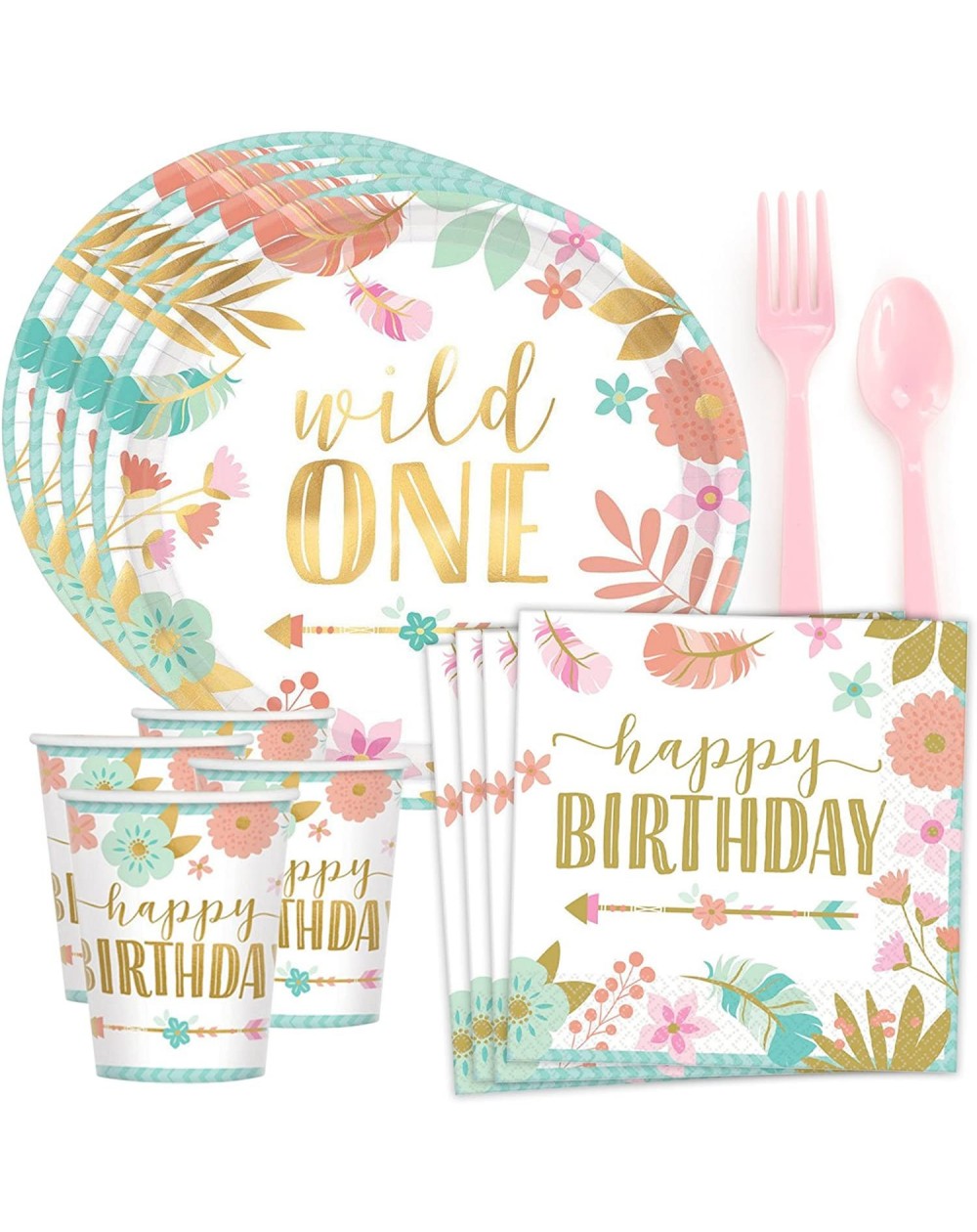 Party Packs Boho 1st Birthday Girl Standard Tableware Kit (Serves 8) - C718GNYCQU7 $17.90