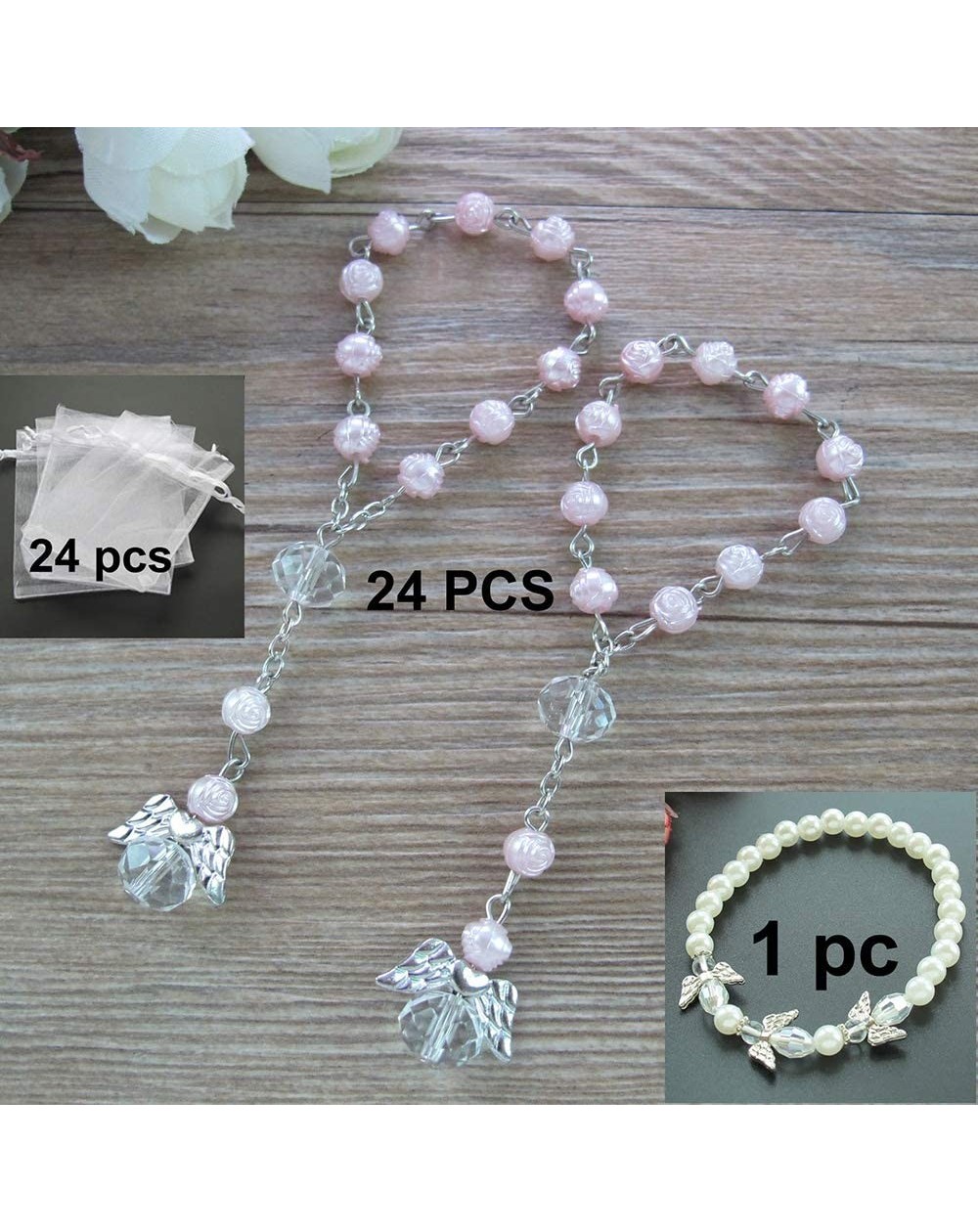 Favors 24 Pcs Pink Mini Rosary Baptism Favors with Angels for Girl Recuerdos de Bautizo Finger Rosaries Silver Plated - CK185...