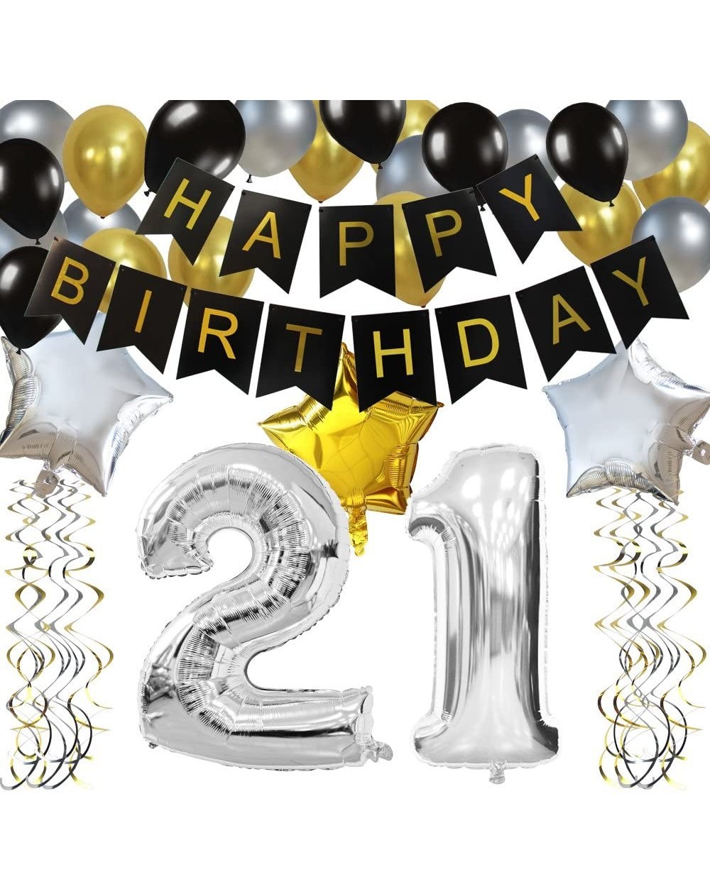 Balloons Classy 21th Birthday Party Decorations Kit-Black Happy Brithday Banner-Silver 21 Mylar Foil Balloon- Star- Latex Bal...