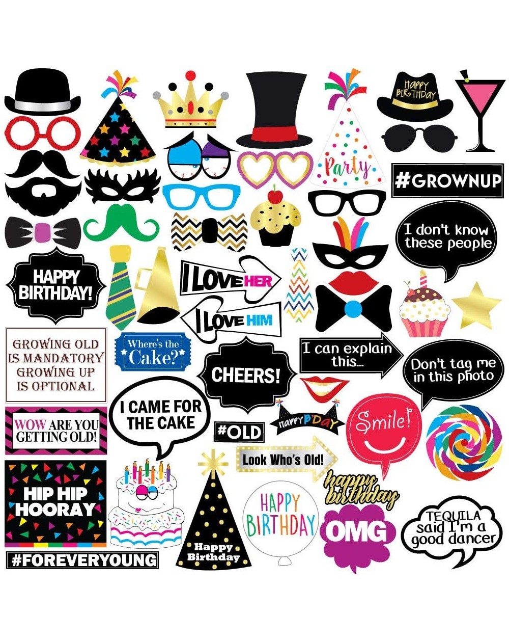 Photobooth Props Funny Birthday Photo Booth Props - 47 Pieces - 21st - 30th - 40th - 50th - 60th - 70th - 80th - 90th - Birth...