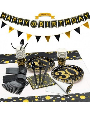 Party Packs 30th Birthday Paper Plates and Napkins Black and Gold Tableware with Banners-Paper Birthday Plates- Napkins- Cups...