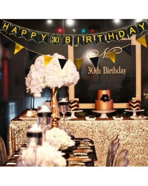 Party Packs 30th Birthday Paper Plates and Napkins Black and Gold Tableware with Banners-Paper Birthday Plates- Napkins- Cups...